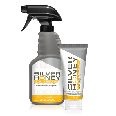 Absorbine Silver Honey Hot Spot & Wound Care Antimicrobial Spray Gel & Silver Honey Hot Spot & Wound Care Extra Strength Antimicrobial Ointment.
