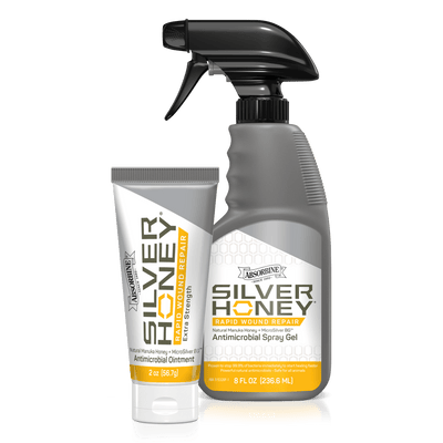 Silver Honey Rapid Wound Repair combo pack.  Silver Honey extra strength 2 ounce ointment on the left.  Silver Honey Rapid Wound repair Antimicrobial 8 ounce spray gel on the right.