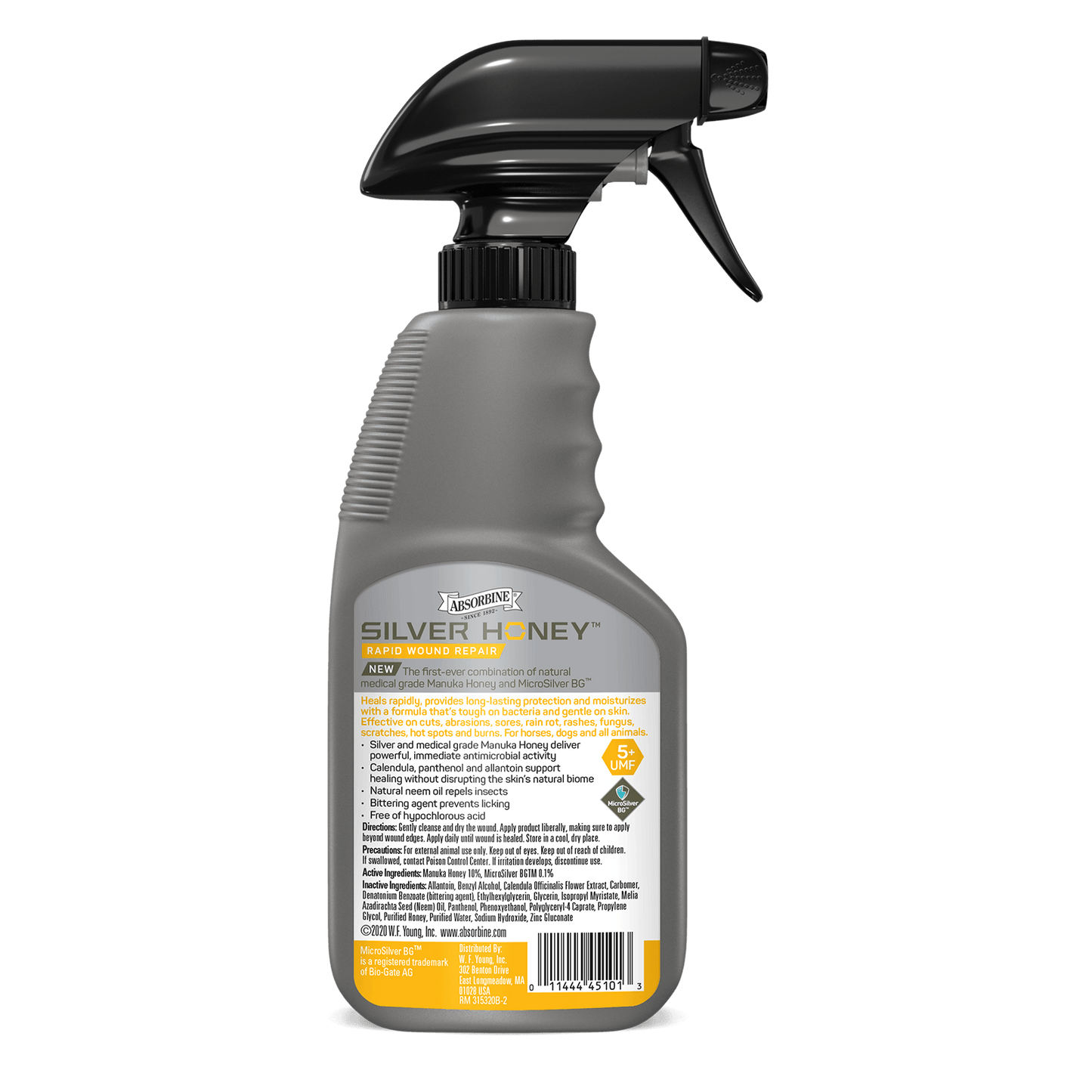 Silver Honey Rapid Wound Repair Antimicrobial Spray Gel 8 fluid ounces, back of bottle.