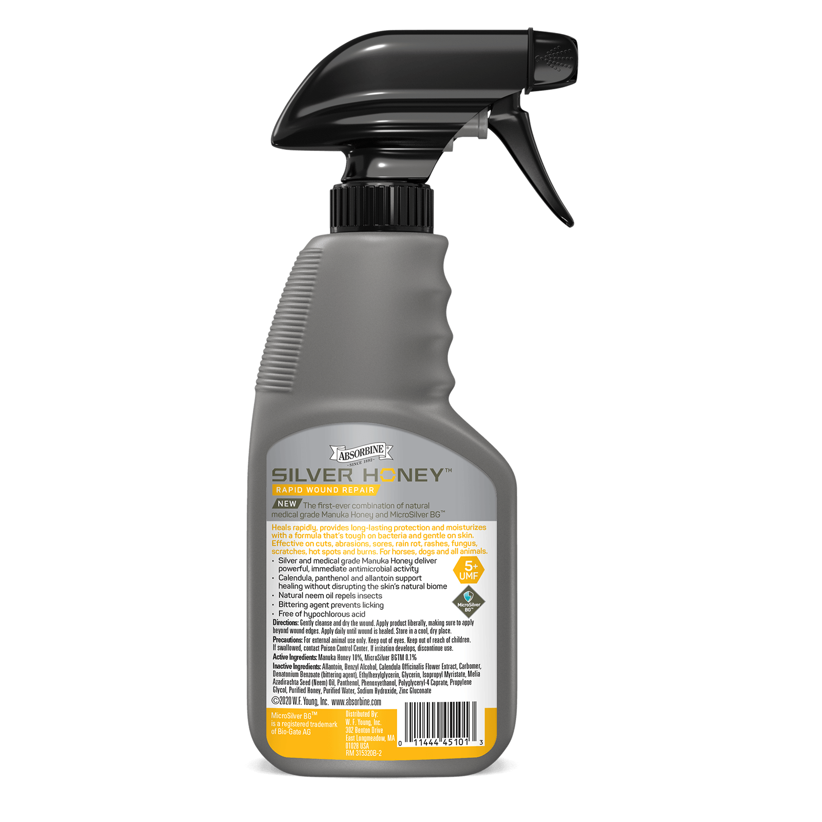 Silver Honey Rapid Wound Repair Antimicrobial Spray Gel 8 fluid ounces, back of bottle.