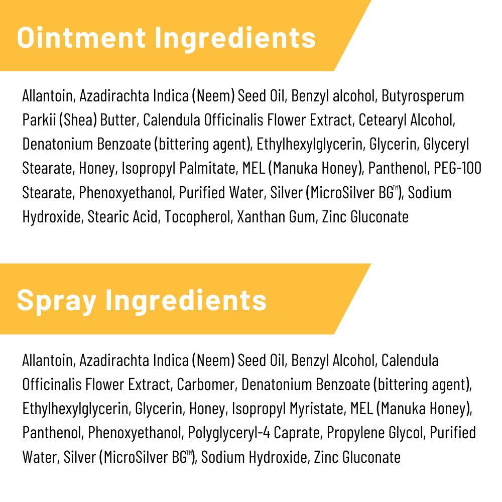 Ingredients label for ointment and spray gel