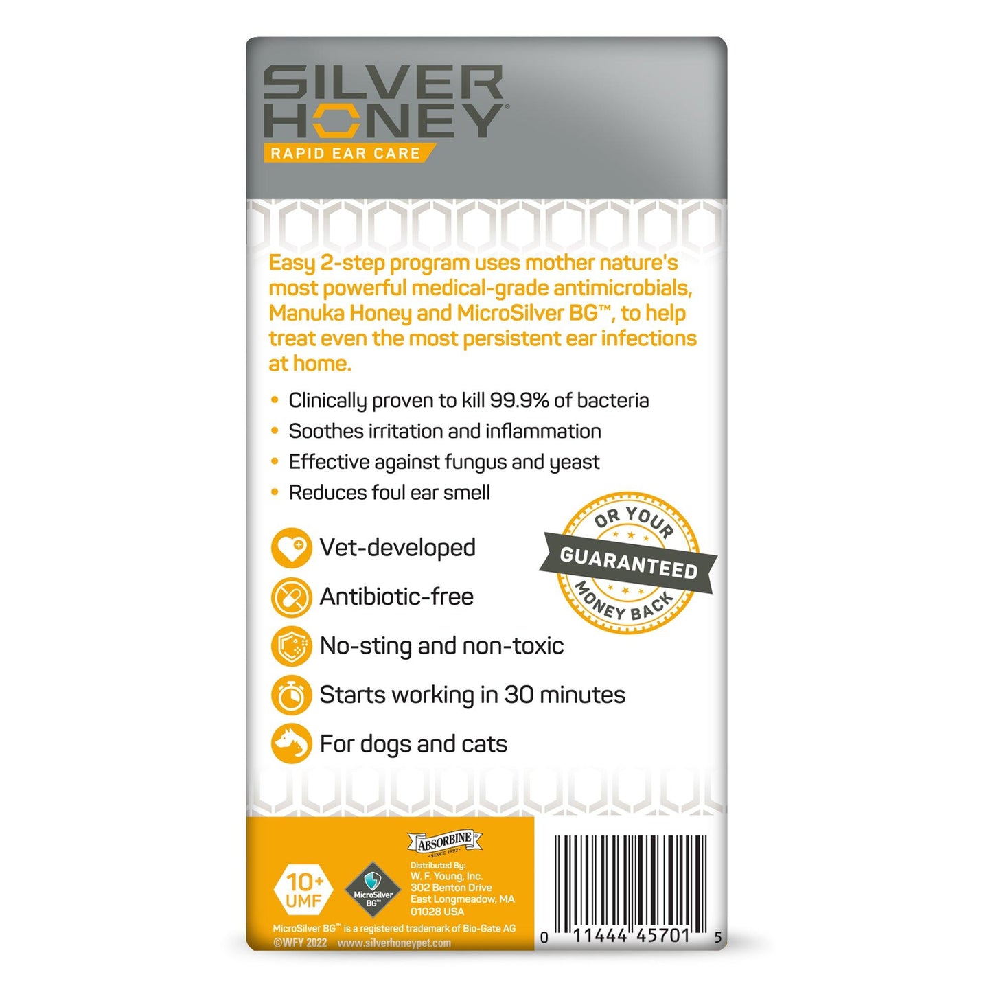 Back of the packaging of the Silver Honey Rapid Ear Care kit. Easy 2-step program uses mother nature's most powerful medical-grade antimicrobials, Manuka Honey and Microsilver BG, to help treat even more persistent ear infections at home.