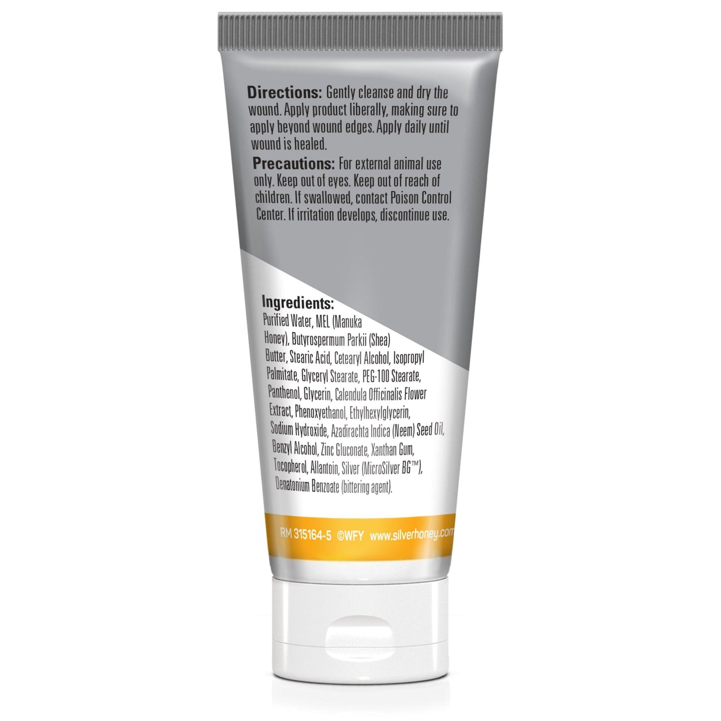 Silver Honey Rapid Wound Repair extra strength antimicrobial ointment 2 ounce back of tube.