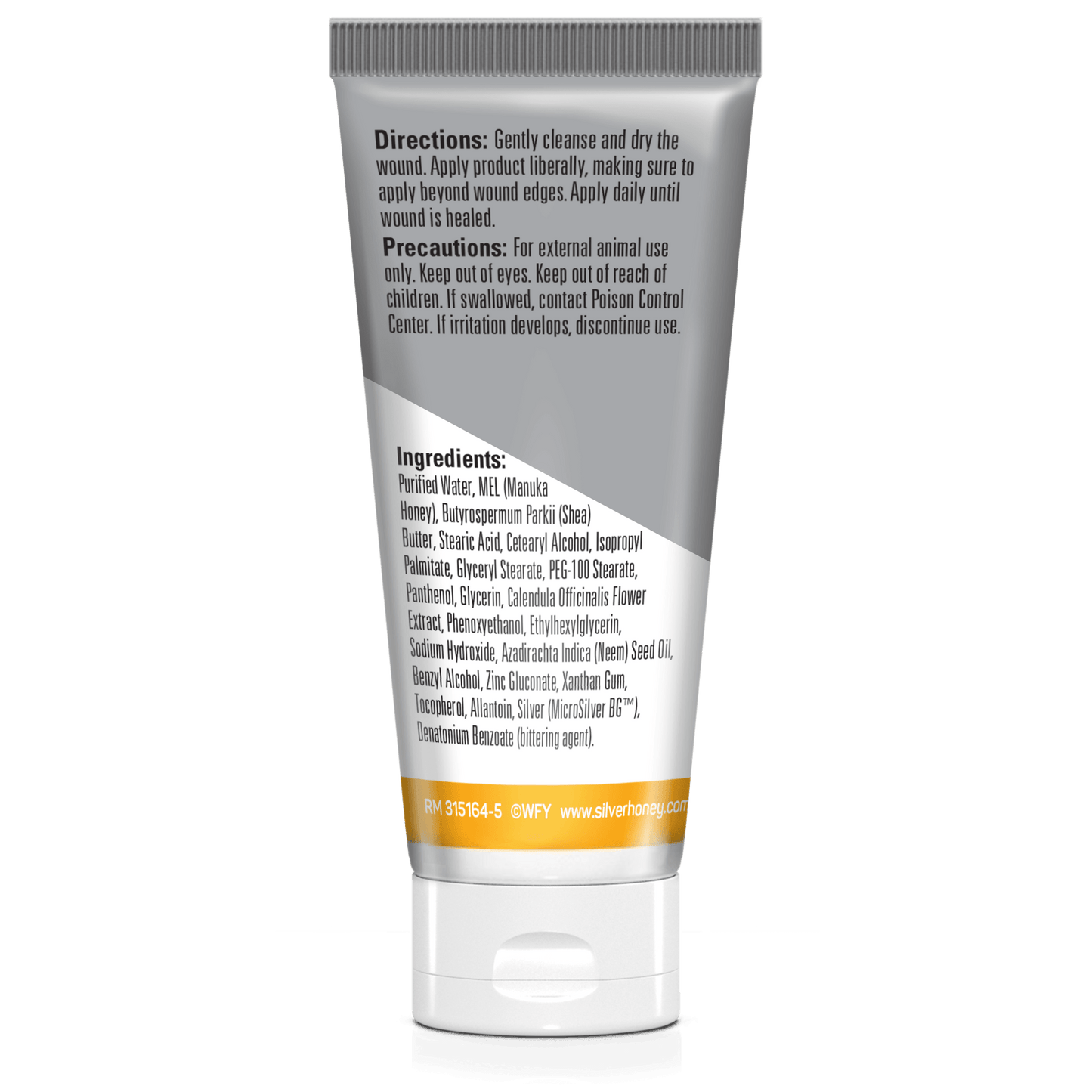 Silver Honey Rapid Wound repair extra strength 2 ounce ointment back of tube.