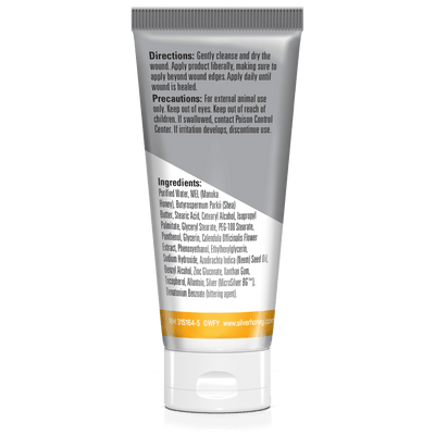 Silver Honey Rapid Wound repair extra strength 2 ounce ointment back of tube.