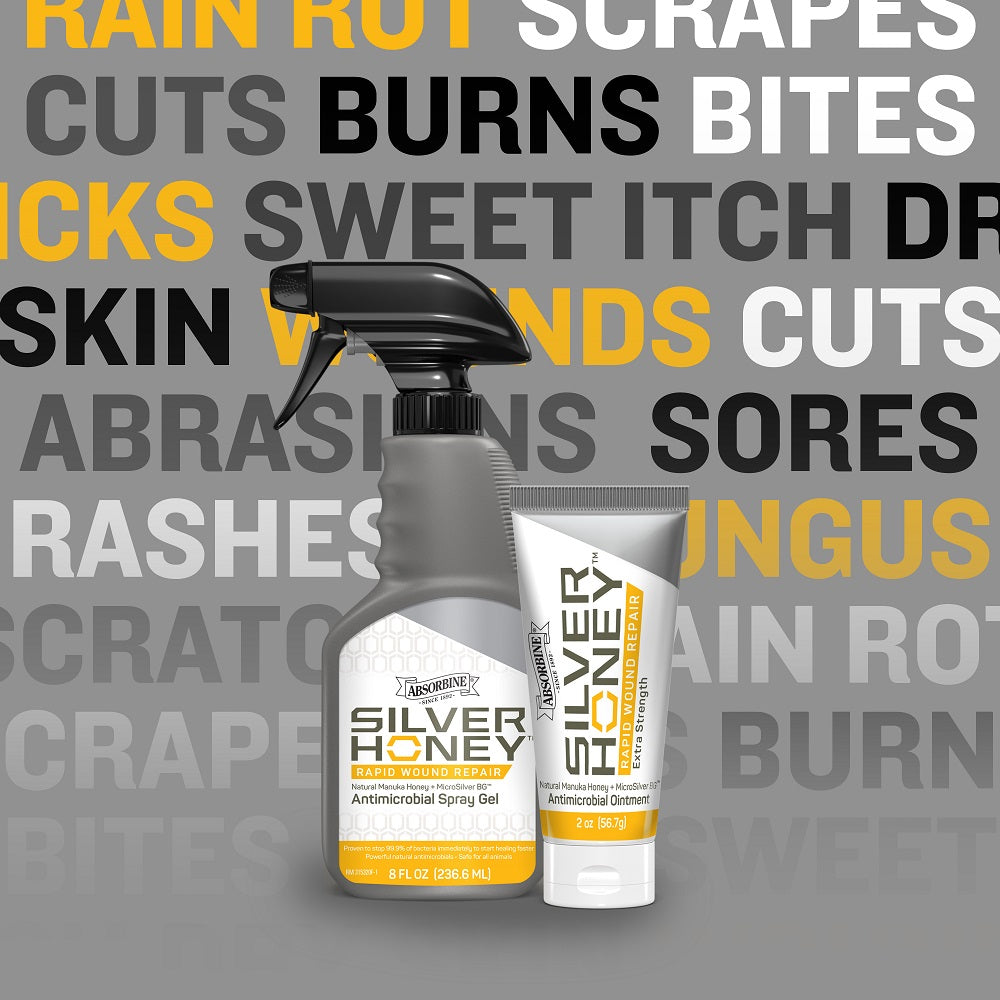 Silver honey combo pack including Silver honey rapid wound repair antimicrobial spray gel, and silver honey rapid wound repair ointment.