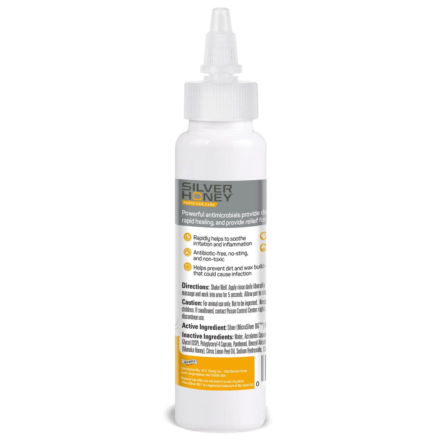 Silver Honey Rapid Ear Care Rinse. Back label of the bottle.
