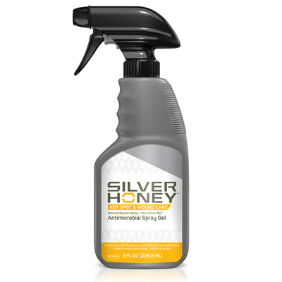 Silver Honey Hot Spot & Wound Care antimicrobial spray gel 8 fluid ounce bottle and sprayer.
