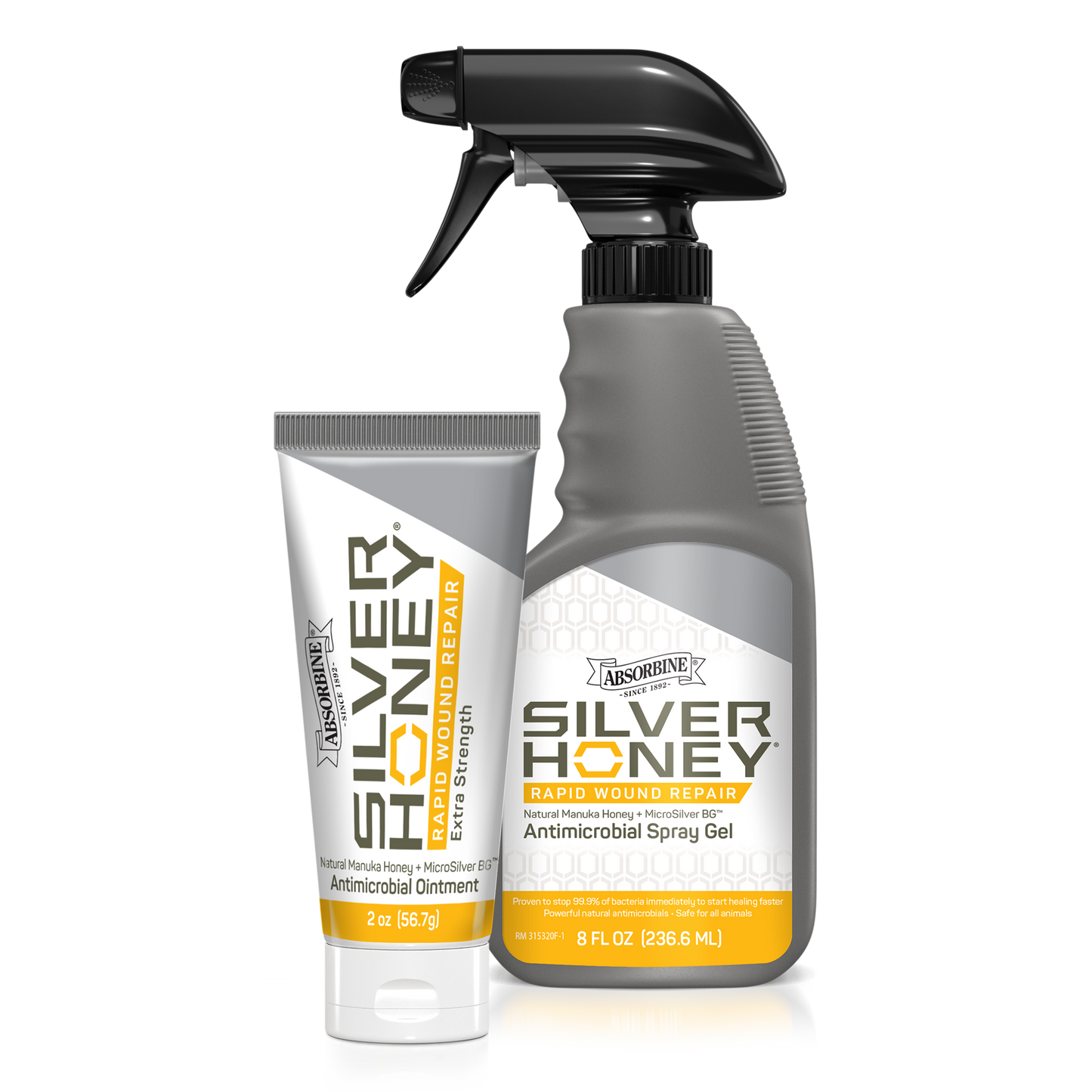 Silver Honey Rapid Wound Repair combo pack.  Silver Honey extra strength 2 ounce ointment on the left.  Silver Honey Rapid Wound repair Antimicrobial 8 ounce spray gel on the right.