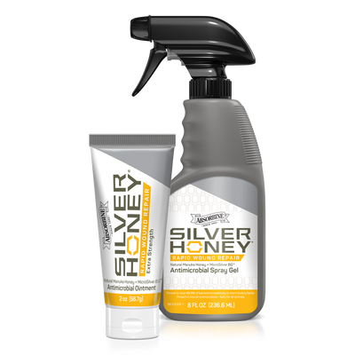 Silver Honey Rapid Wound Repair combo pack.  Silver Honey extra strength 2 ounce ointment on the left.  Silver Honey Rapid Wound repair Antimicrobial 8 ounce spray gel on the right.