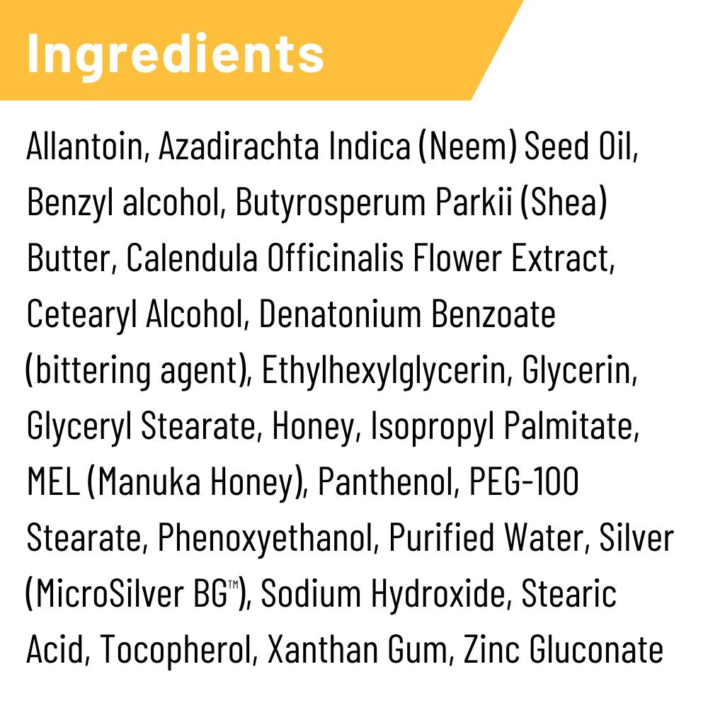 Silver honey hot spot ointment ingredients label.