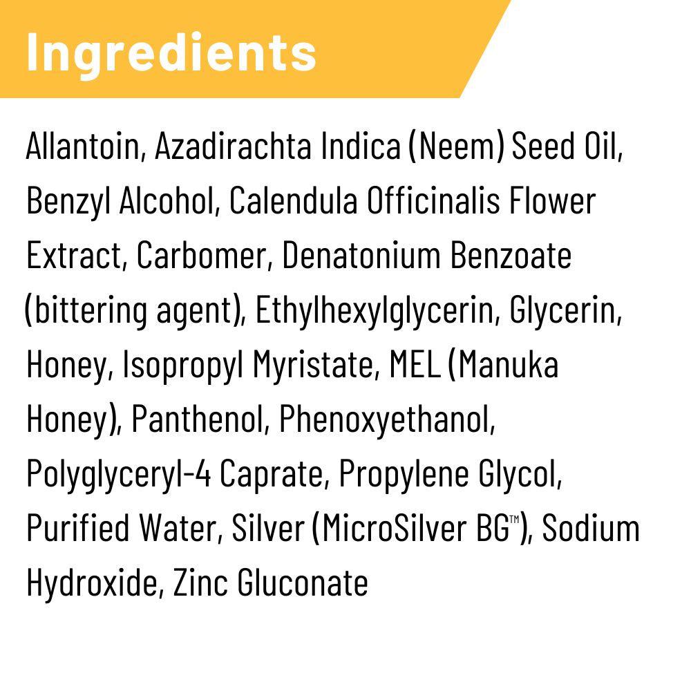 Ingredients label with all the ingredients found in Silver Honey Spray Gel.