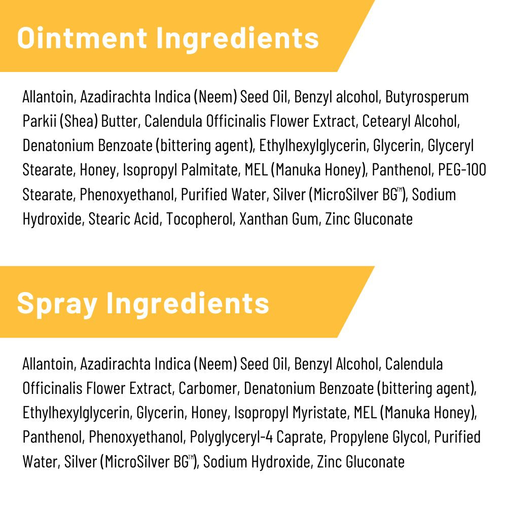 Ingredients label with all the ingredients found in Silver honey ointment, and Silver Honey spray gel.