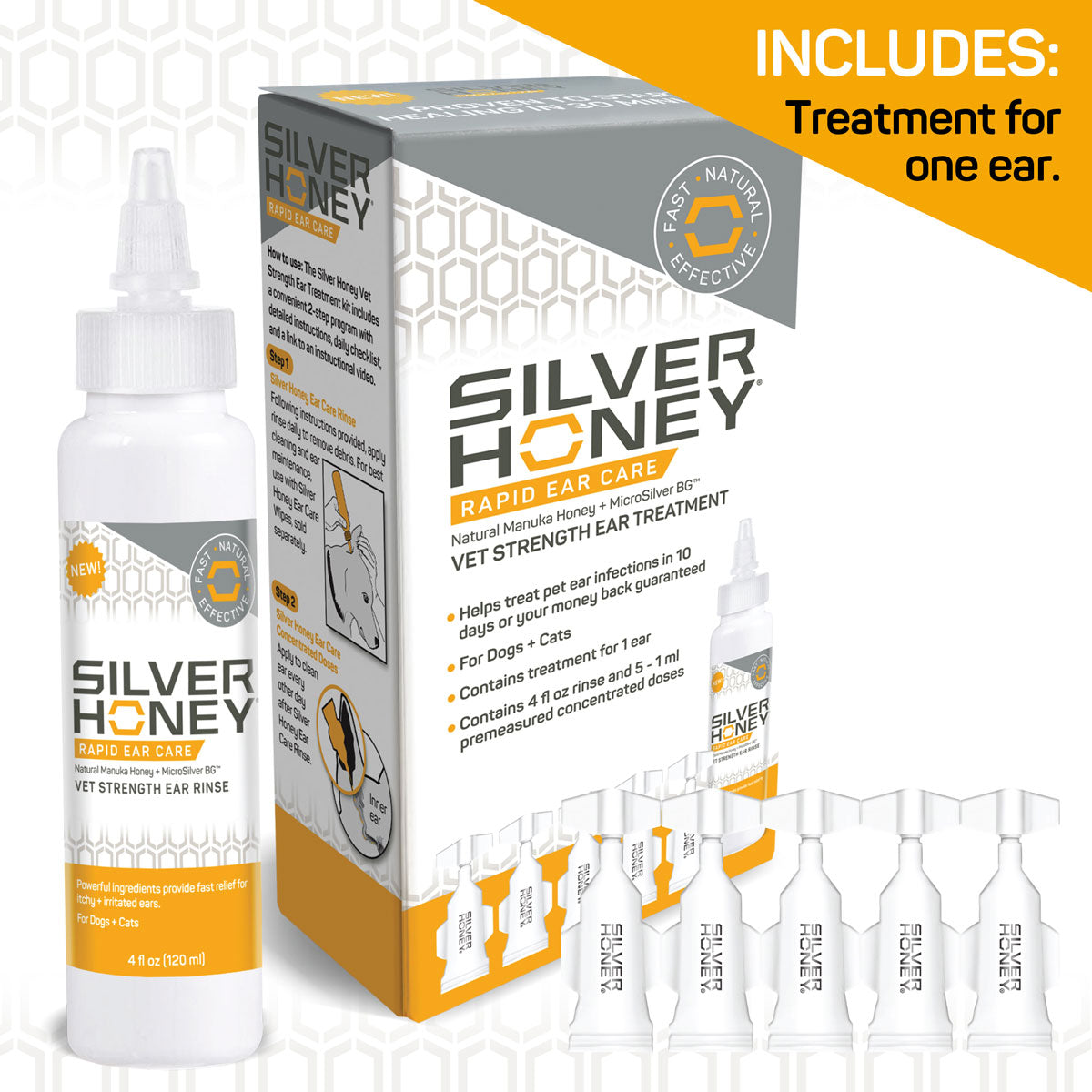 Silver Honey Ear Care Kit (treatment for one ear) for cats and dogs.  Contains 4 fluid ounces of rinse, and 5- 1 mil liter premeasured concentrated doses.