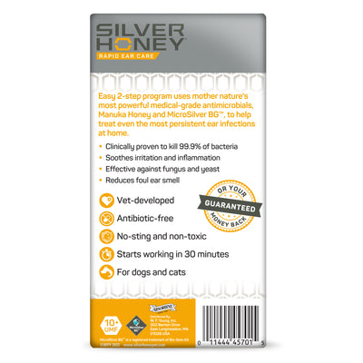 Back of the packaging of the Silver Honey Rapid Ear Care kit.  Easy 2-step program uses mother nature's most powerful medical-grade antimicrobials, Manuka Honey and Microsilver BG, to help treat even more persistent ear infections at home.