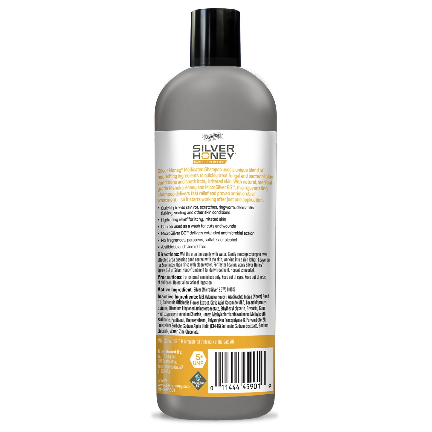 Silver Honey Medicated shampoo 16 ounce back of bottle.