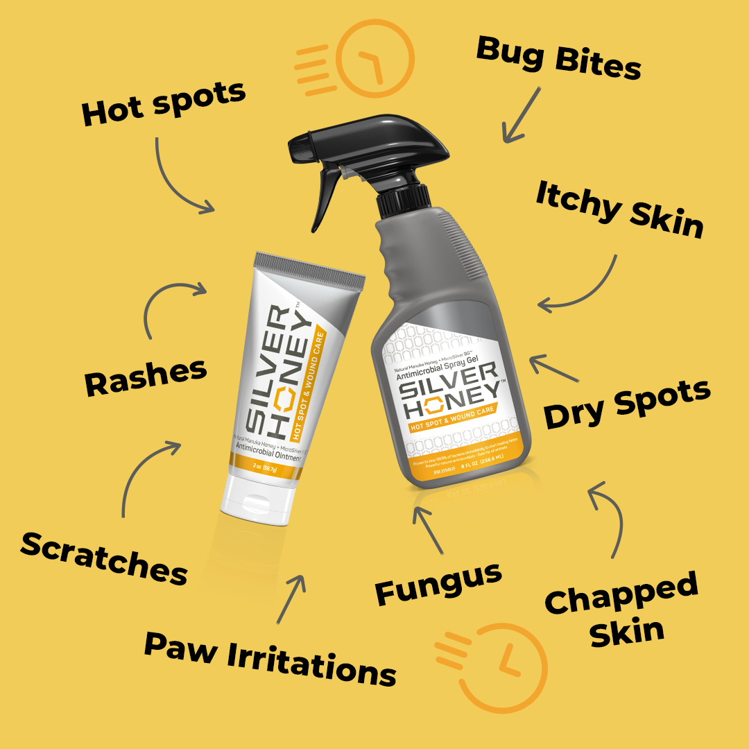 Hot Spot Silver Honey would care ointment, and Silver Honey Hot Spot and Wound care spray gel. Helps with Hot Spots, rashes, scratches, paw irritation, fungus, chapped skin, dry spots, itchy skin, bug bites and more.