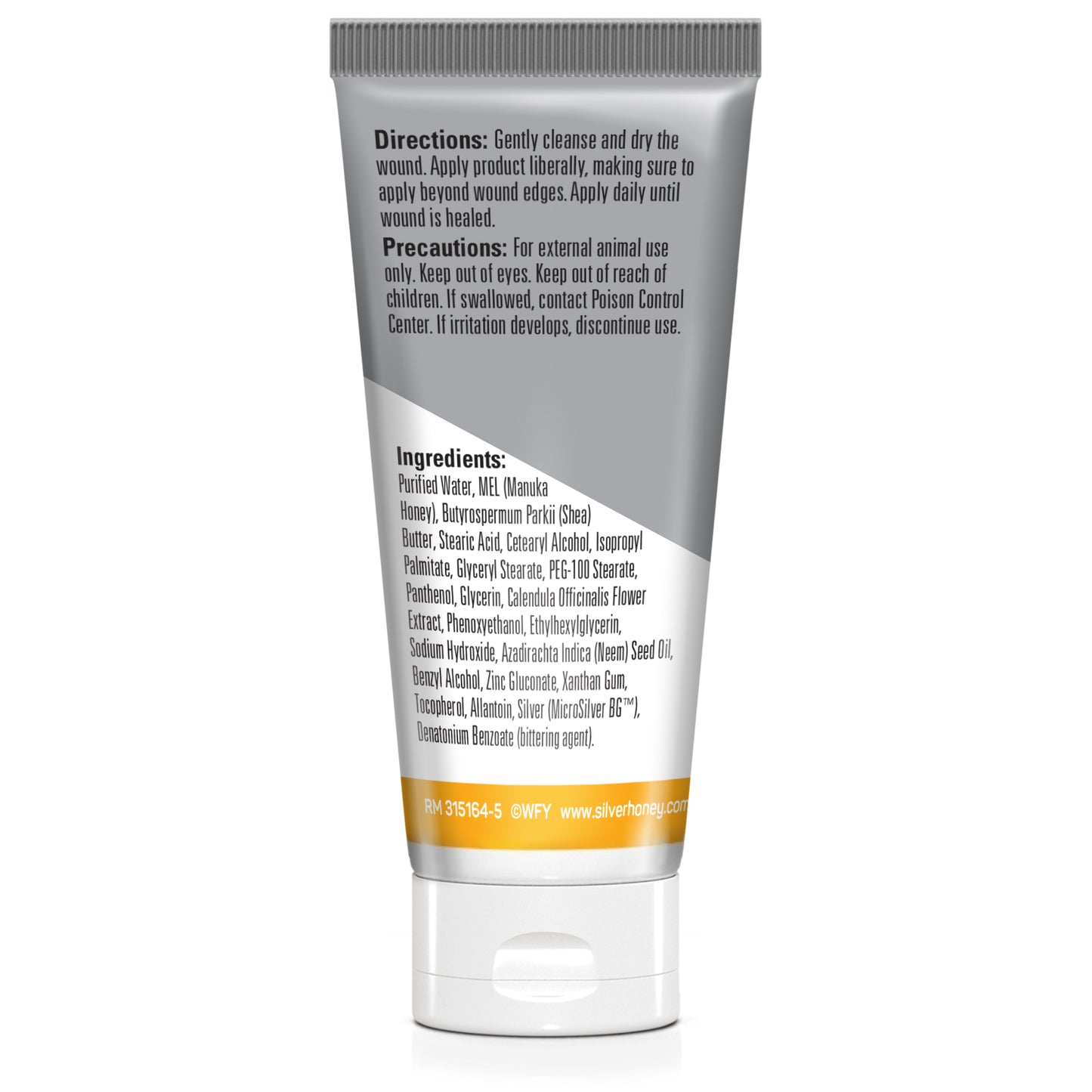 Back label of Silver honey rapid wound repair ointment, including ingredients, directions and precautions.