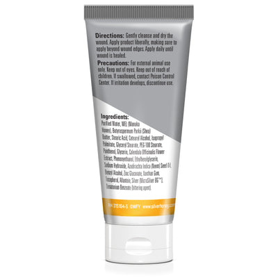 Back label of Silver honey rapid wound repair ointment, including ingredients, directions and precautions.