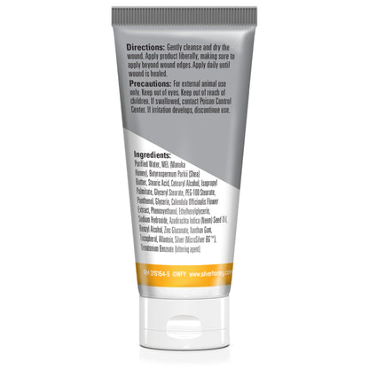 Back label of Silver honey rapid wound repair ointment, including ingredients, directions and precautions.