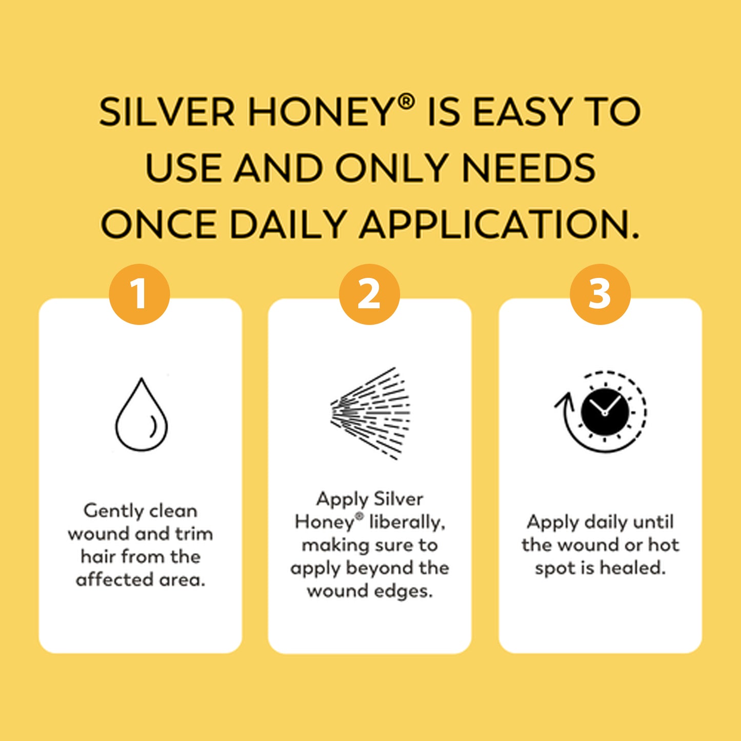 Silver Honey is easy to user and only needs one daily application. Instructions 1) clean wound and trim hair from the affected area. 2) Apply Silver Honey liberally, making sure to apply beyond the wound edges. 3) Apply daily until the wound or hot spot is healed.
