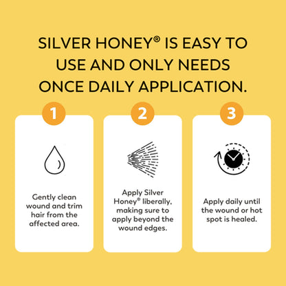 Silver Honey is easy to user and only needs one daily application. Instructions 1) clean wound and trim hair from the affected area.  2) Apply Silver Honey liberally, making sure to apply beyond the wound edges.  3) Apply daily until the wound or hot spot is healed.