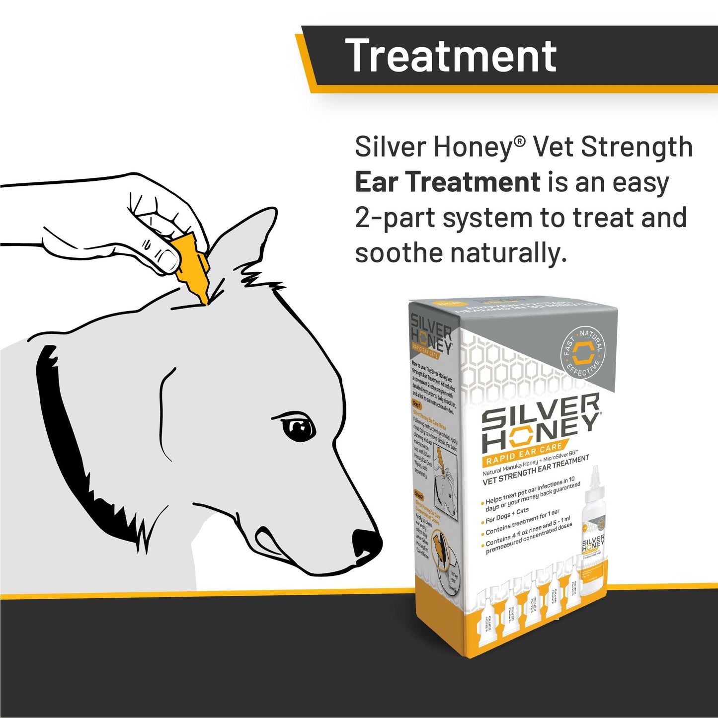 Treatment for a dog's itchy, ouchy ears.  Silver Honey vet strength ear treatment is an easy 2-part system to treat and soothe naturally.