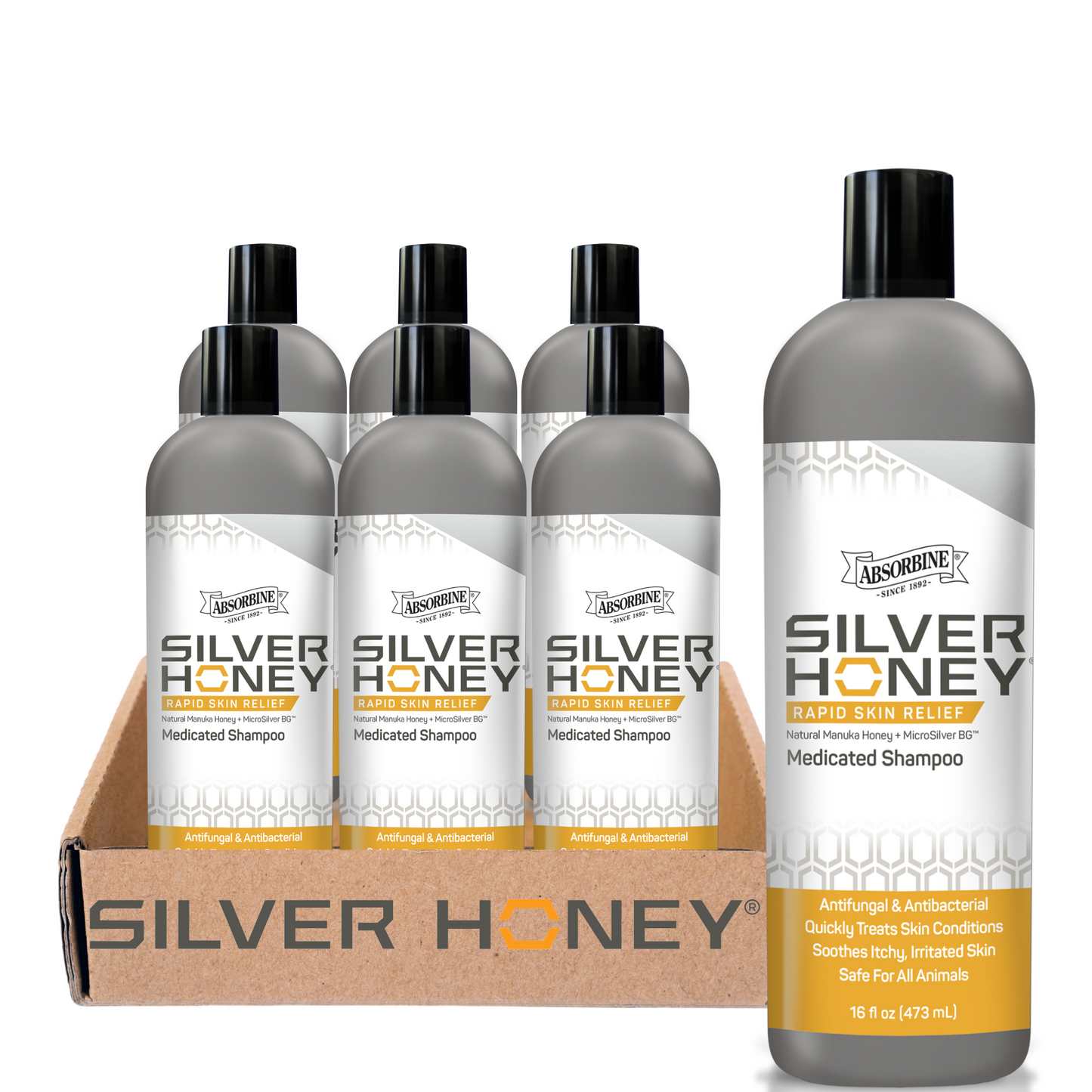 Case of 6 - 16 ounce Silver Honey Rapid Skin relief Medicated Shampoo bottles.