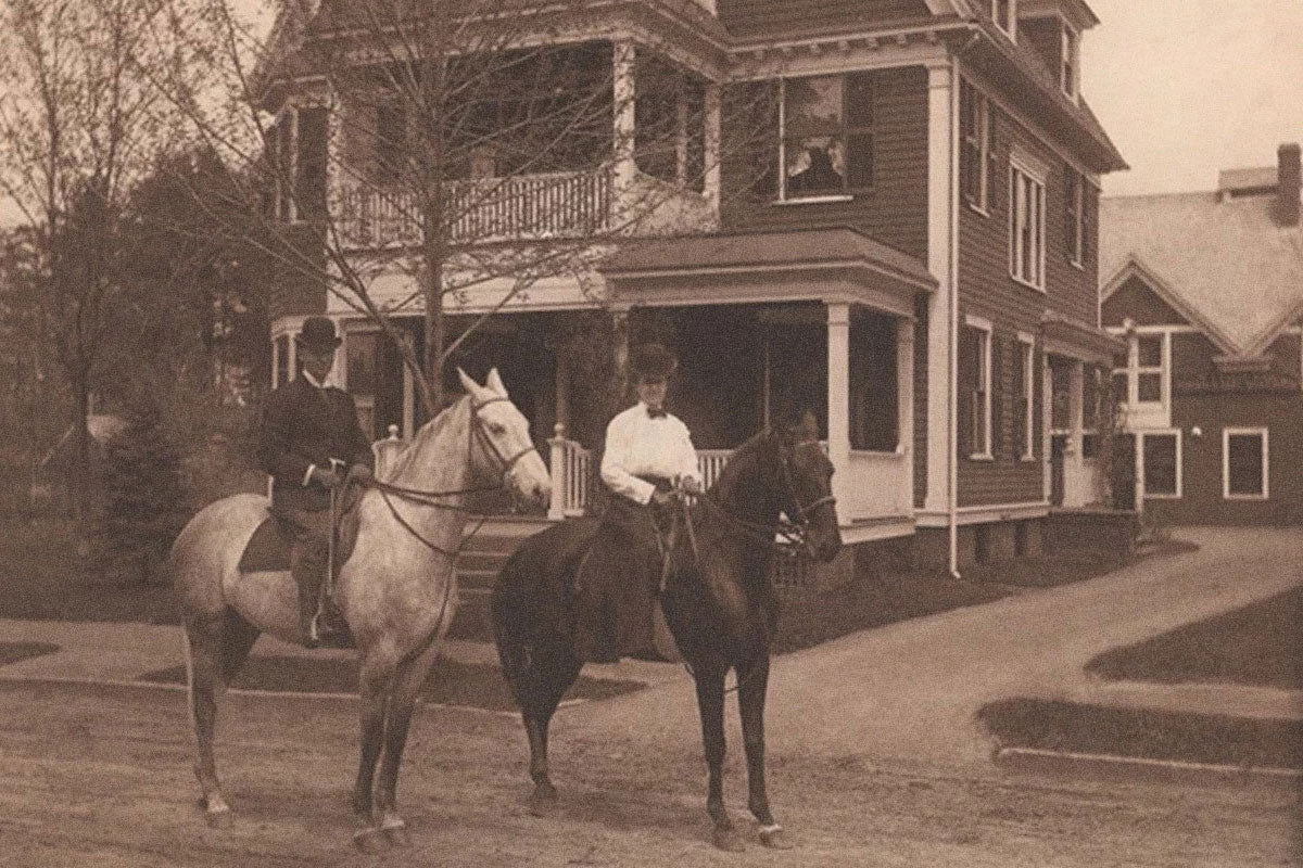 black and white photo Wilbur and Mary Ida Young on horseback