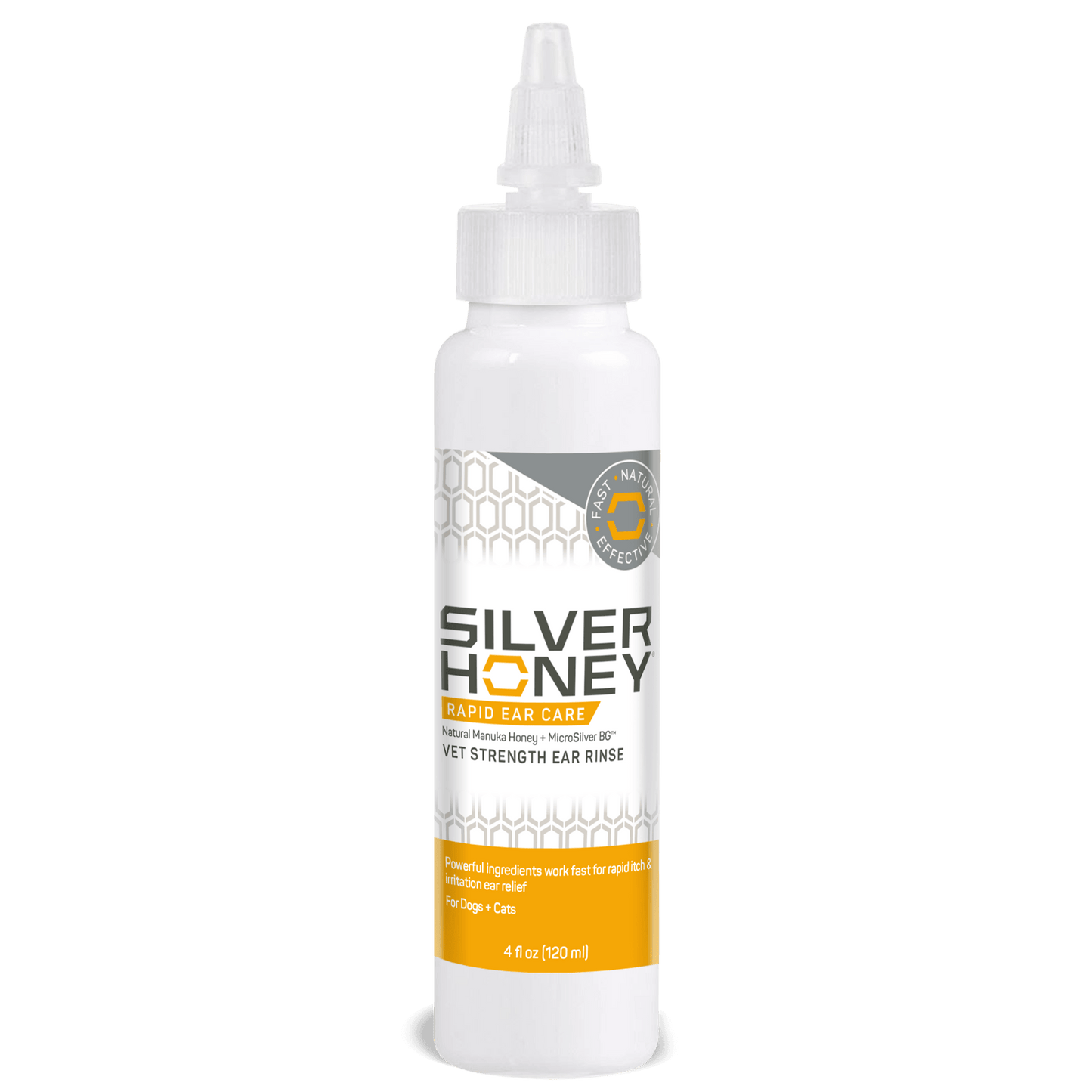 Silver Honey Rapid Ear Care vet strength ear rinse, safe for cats and dogs 4 fluid ounce bottle.