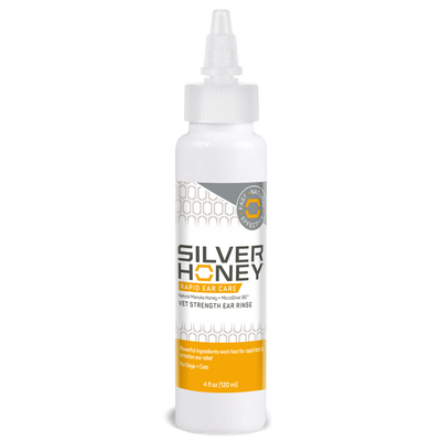 Silver Honey Rapid Ear Care vet strength ear rinse, safe for cats and dogs 4 fluid ounce bottle.