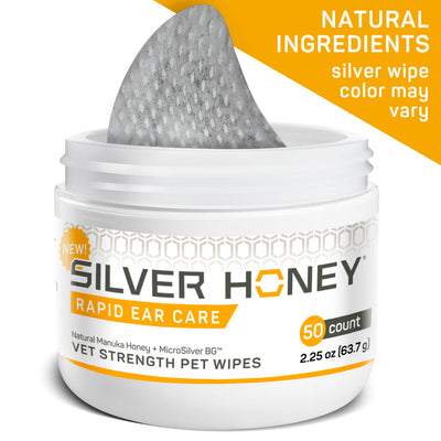 Silver Honey Rapid Ear Care Vet strength pet wipes 50 count open jar. Natural ingredients, silver wipe (color may vary)